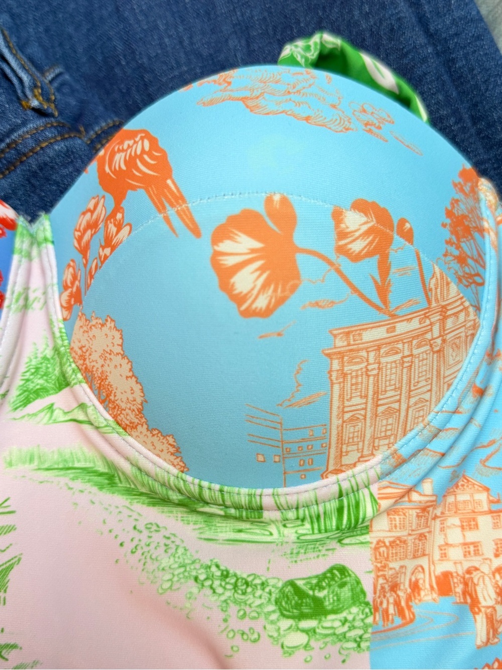 Endless Moon Colorful Toile One Piece Swimsuit S Underwire Padded Belted New - Picture 11 of 13